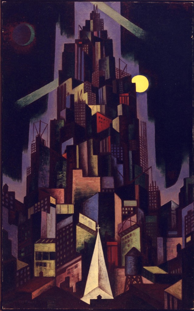 Emil Bisttram, "Metroolis," 1929, oil on canvas, 40 x 25", 